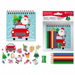 LIBRETA PAPA NOEL CON LAPICEROS COLORES Y PEGATINA