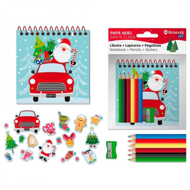 LIBRETA PAPA NOEL CON LAPICEROS COLORES Y PEGATINA