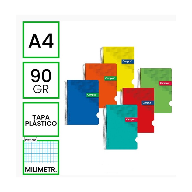 BLOC A4 80/H TAPA POLIP. 90GR MILIMETRADO COLORES
