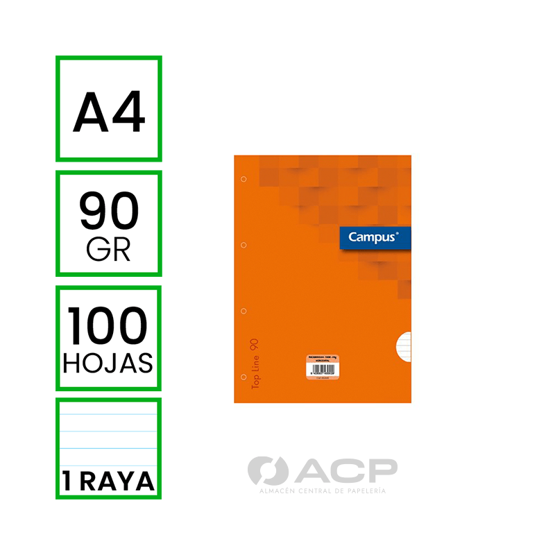 RECAMBIO A4 100H 90GR 4TALADROS HORIZONTAL RAYADO