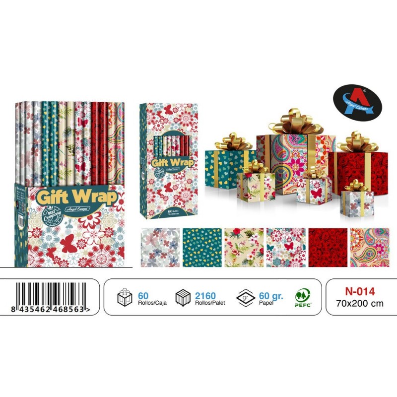 PAPEL REGALO ROLLO 70x200 MARIPOSAS Y FLORES