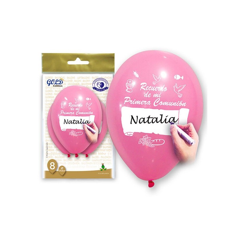 BOLSA 6 GLOBOS PERSONALIZABLES COMUNION ROSA