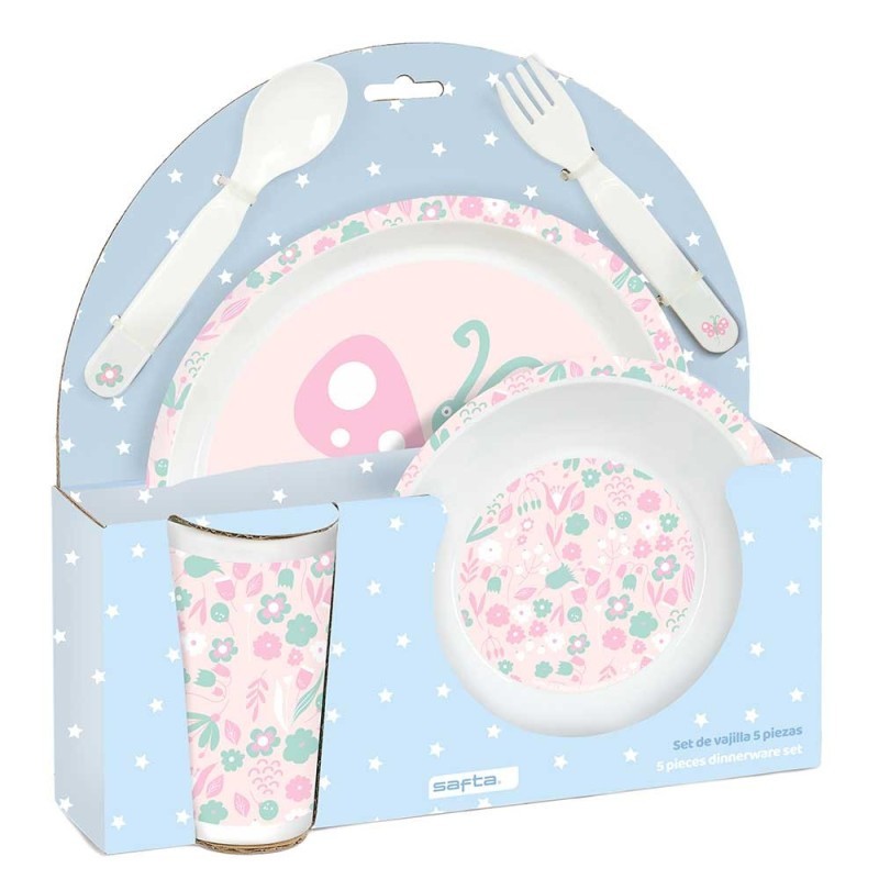 SET DE PLATOS CUBIERTOS Y VASO SAFTA MARIPOSAS