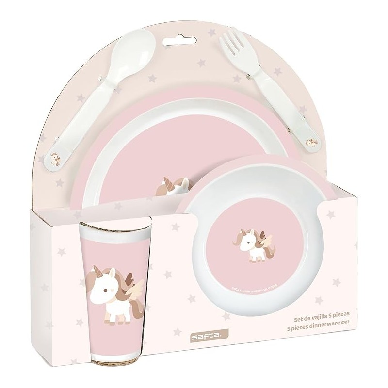 SET DE PLATOS CUBIERTOS Y VASO SAFTA UNICORNIO