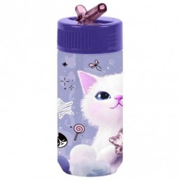 BOTELLA DE AGUA PLASTICO CON PAJITA GATITO ADORABL