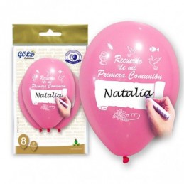 BOLSA 6 GLOBOS PERSONALIZABLES COMUNION ROSA
